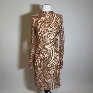Sequin Long Sleeve Bodycon Dress Rose Gold Womens Size Large (runs small) *FLAW*